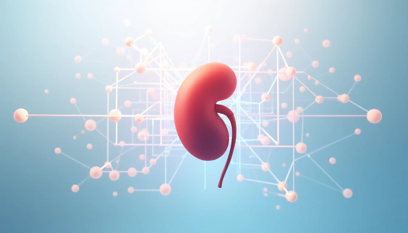 Stylized kidney with interconnected nodes on a blue and white gradient background, representing a network.