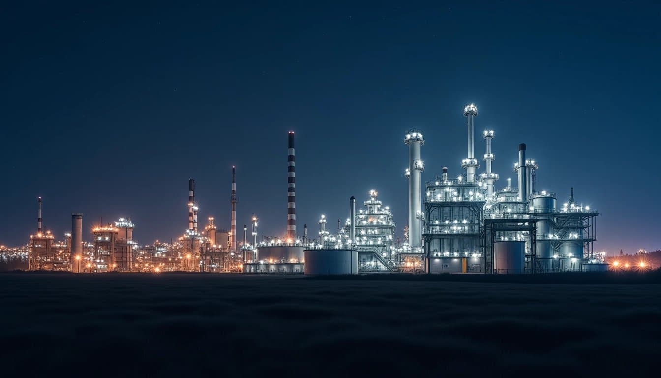 Industrial gas plant at night, emphasizing infrastructure and scale.