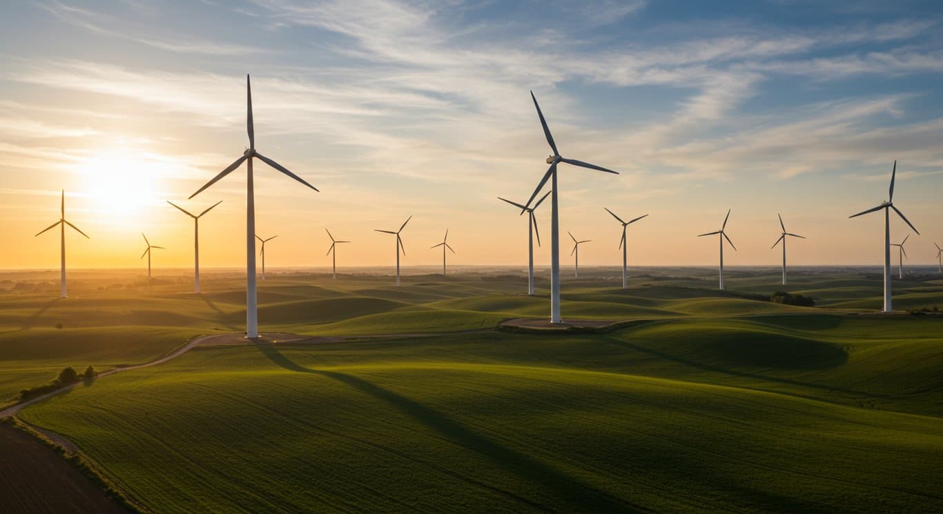 Wind turbines at sunset, showcasing renewable energy sources.