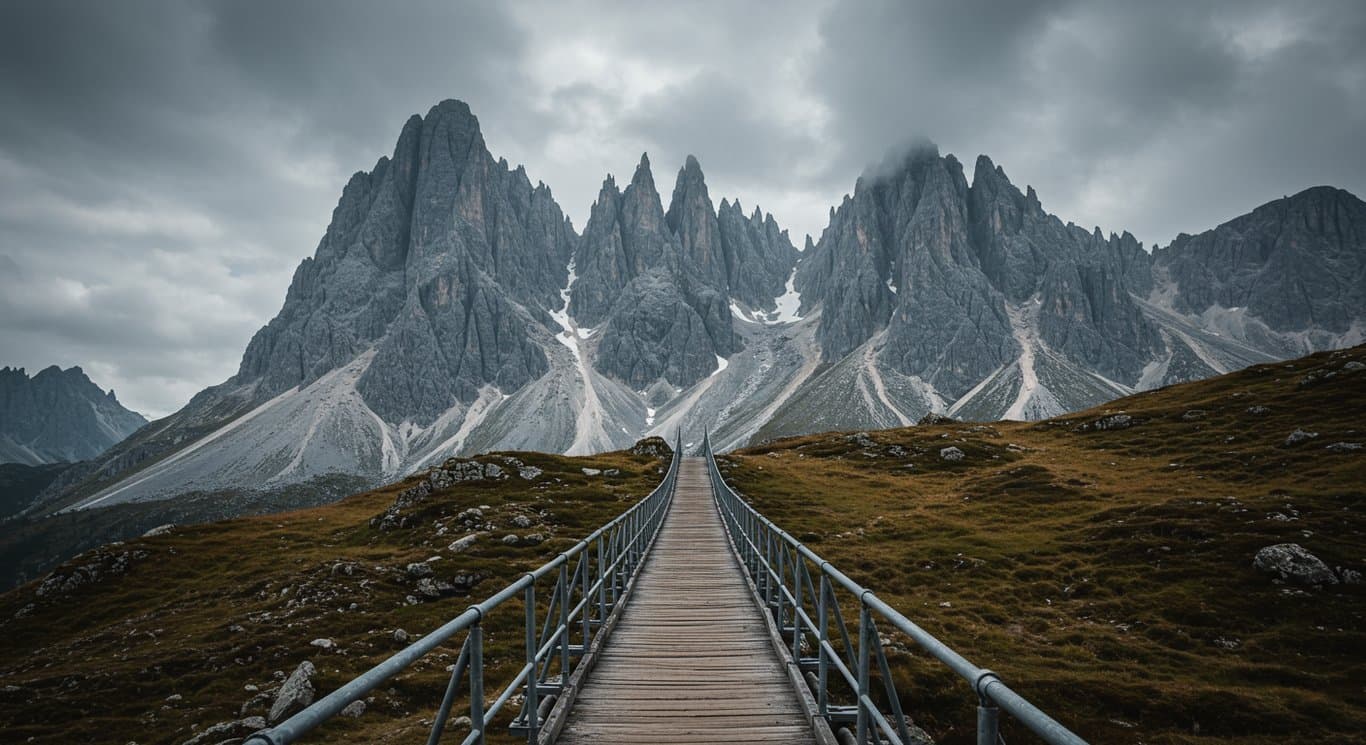 Mountain range with a bridge, symbolizing resilience and overcoming challenges.