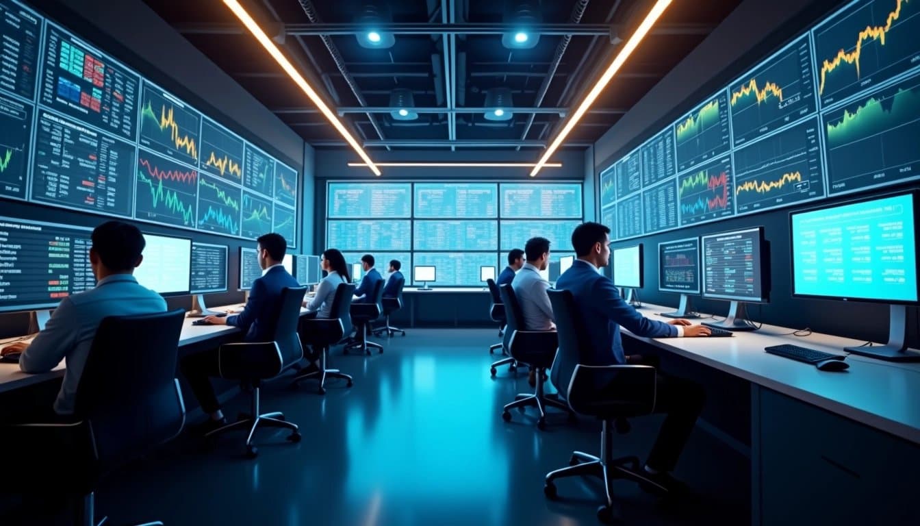 Modern financial trading floor with stock charts and active traders.