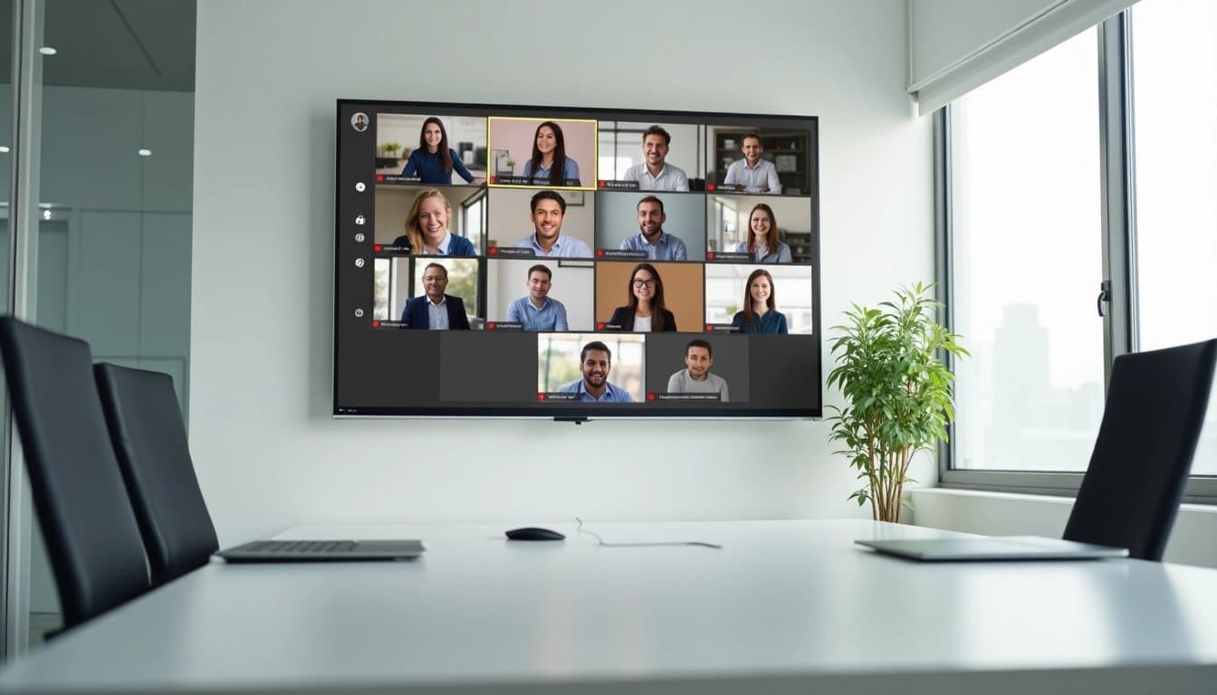 Video conference call in a modern office setting.