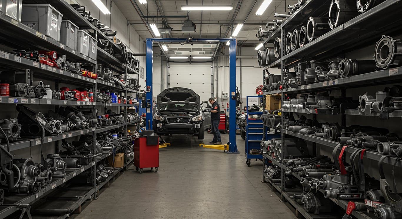 Image of a well-organized car repair shop with a mechanic inspecting a vehicle.