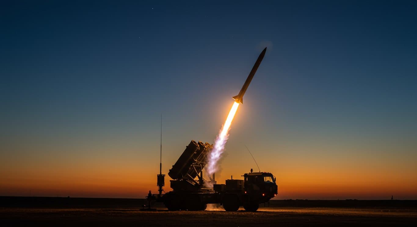 Missile launching at twilight, showcasing modern defense technology.