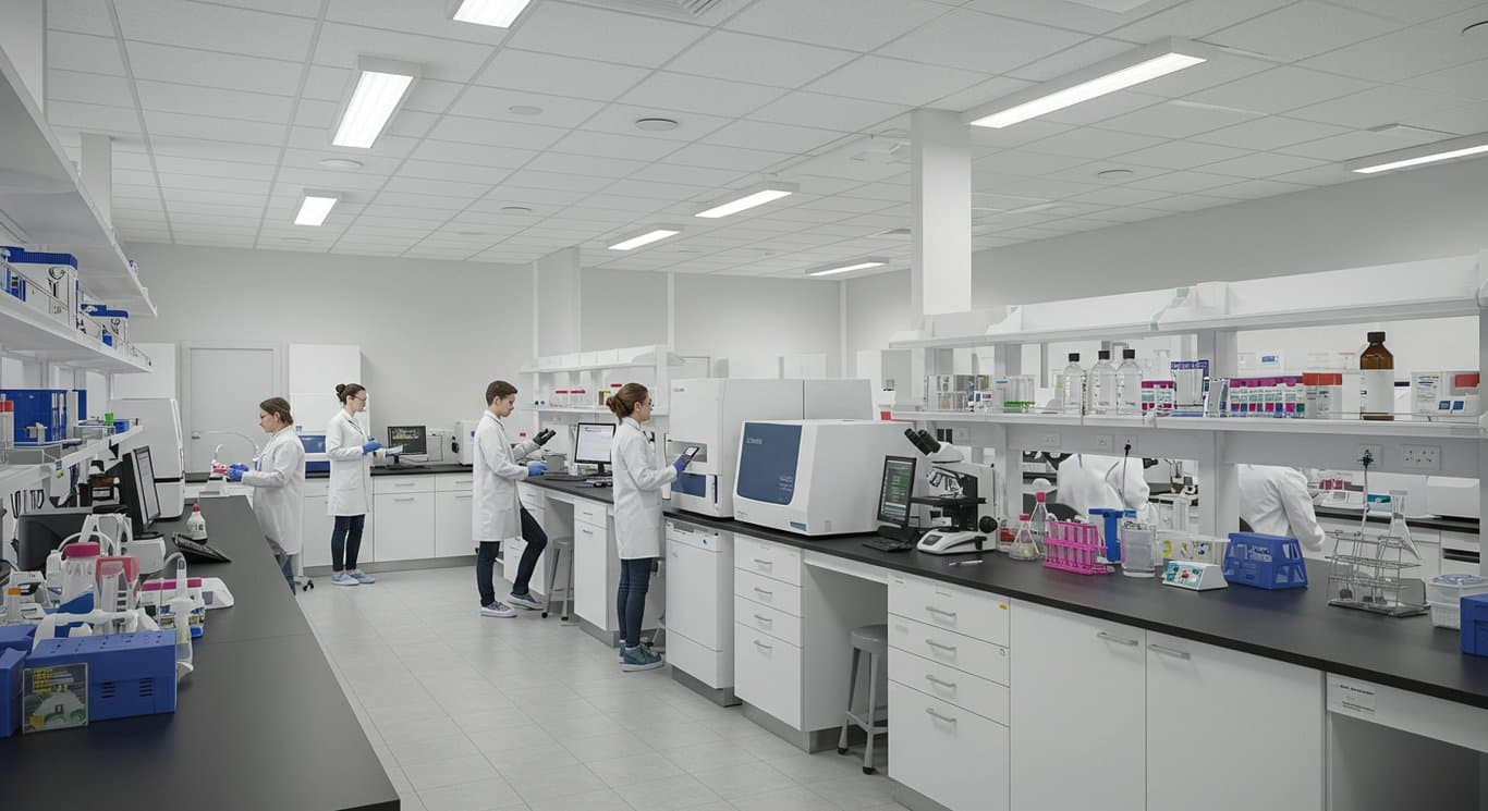 Modern laboratory with scientists working.