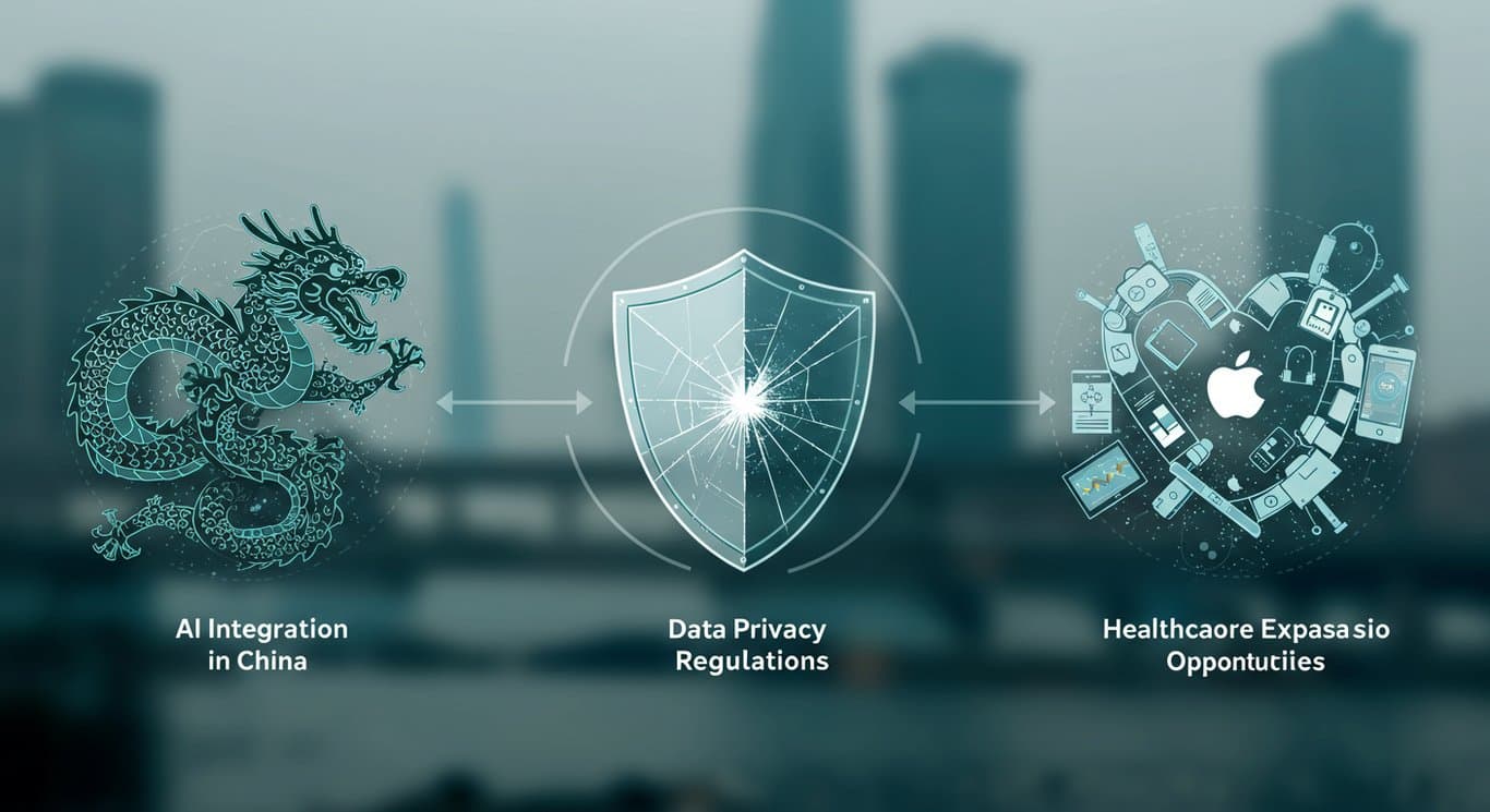 Conceptual image representing Apple's challenges in AI, regulation, and healthcare in 2025.