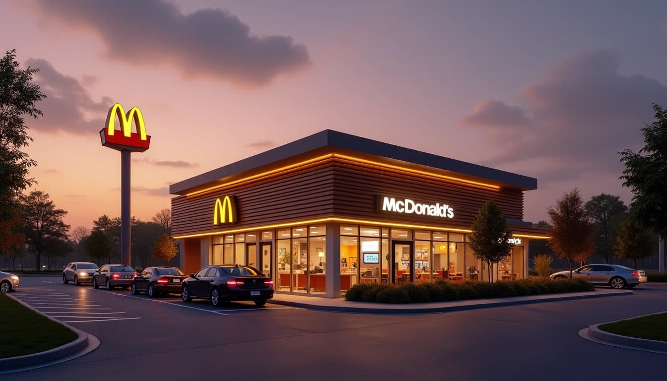 McDonald's restaurant at dusk with warm lighting and cars in the drive-through.