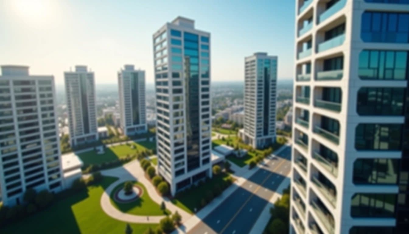 Aerial view of a modern office building complex.