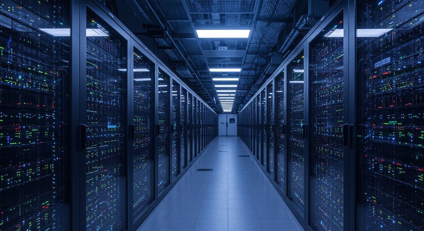 Data center hallway with glowing servers, representing digital infrastructure.