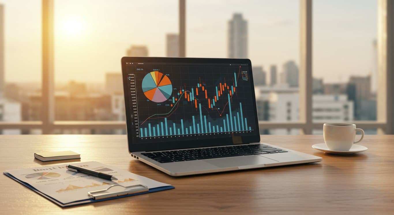 Workspace with financial charts on a laptop and cityscape view.