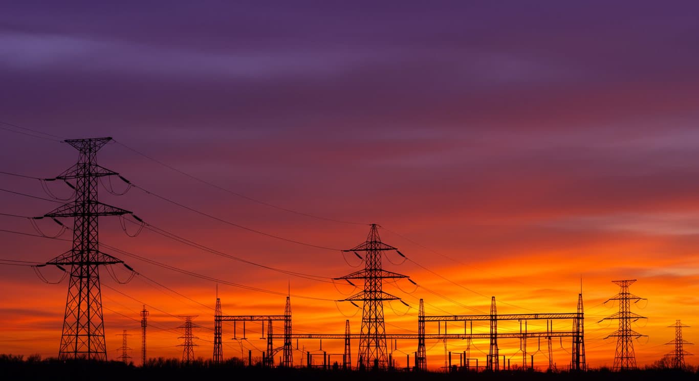 Power plant at sunset with power lines.