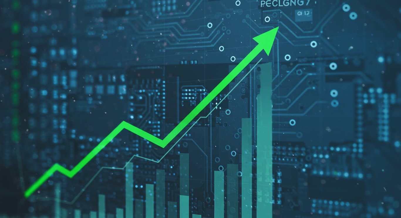 Financial graph with circuit board background representing FIS's performance and technology.