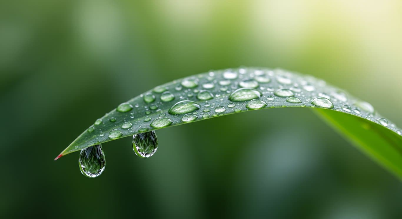 Water droplets on a leaf, symbolizing environmental focus and cleanliness.