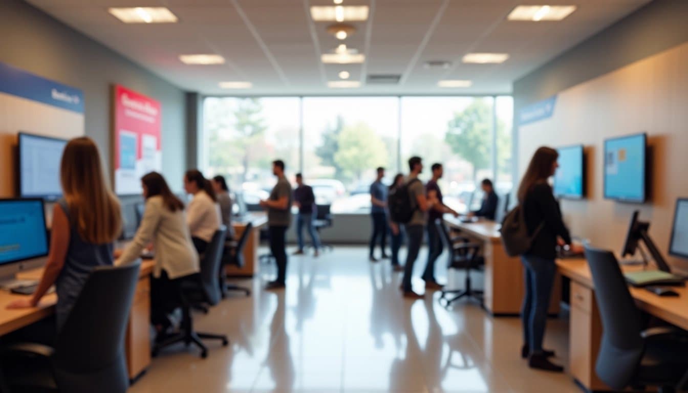 Inside a modern Bank of America branch, customers are being served.