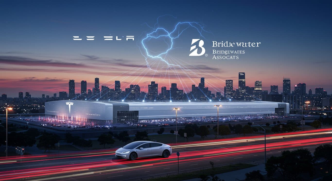 Tesla's 2025 roadmap: Shanghai Megapack Factory, FSD Launch, and Bridgewater investment against a futuristic cityscape.