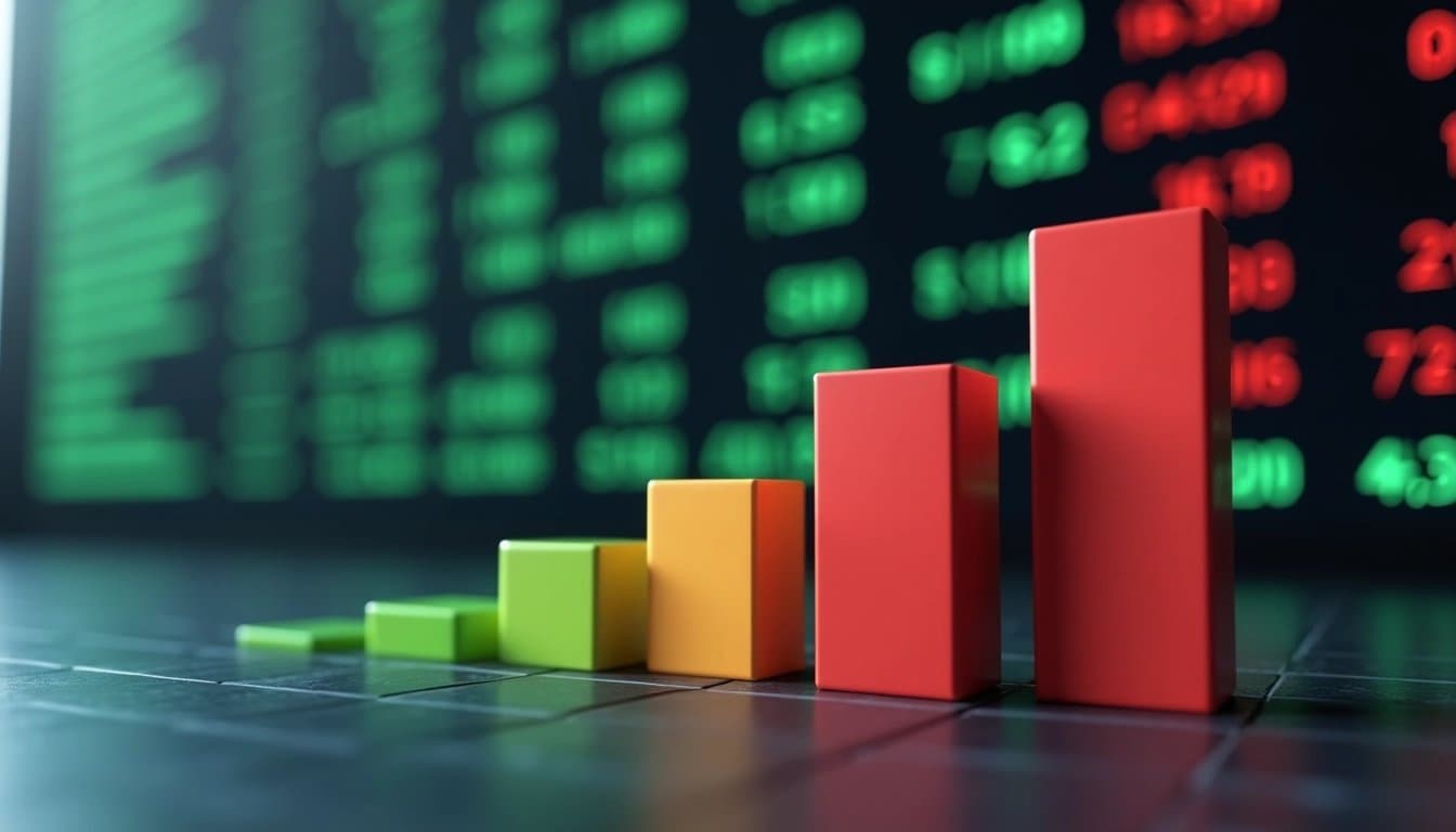 Mixed financial results depicted in a bar graph with positive and negative bars against a stock market ticker background.