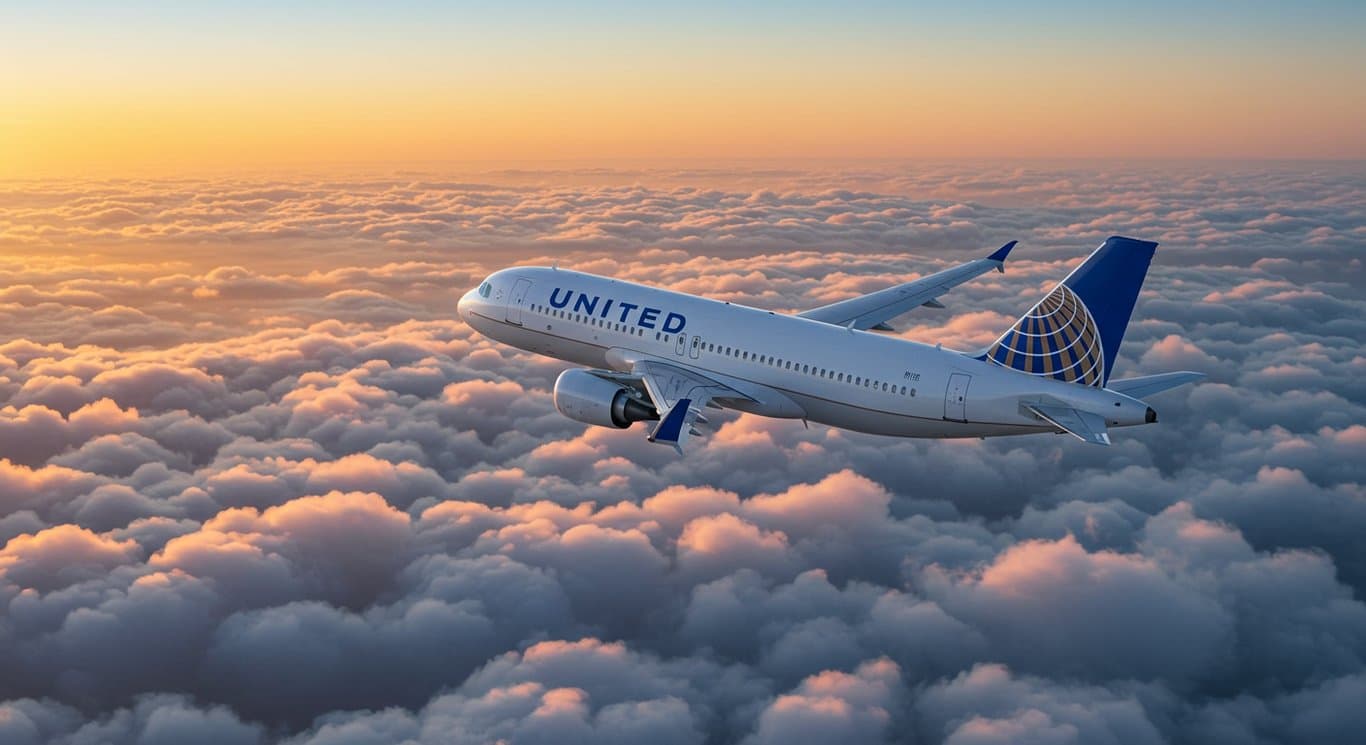 United Airlines airplane flying above a vibrant sky.