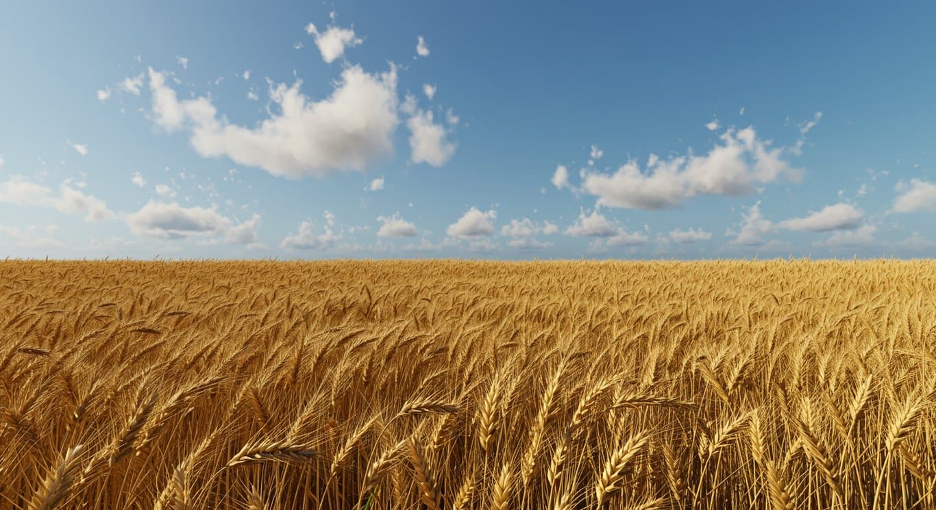 Golden wheat field under a clear blue sky.