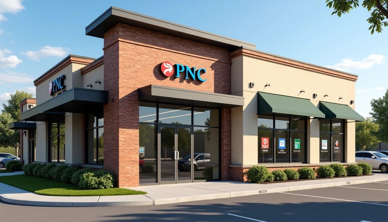 Exterior of a modern PNC bank branch on a sunny day.