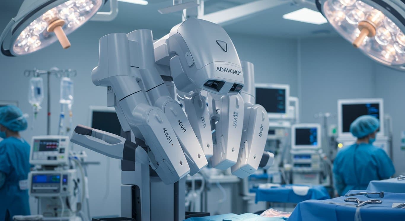 A da Vinci surgical robot in a modern operating room.