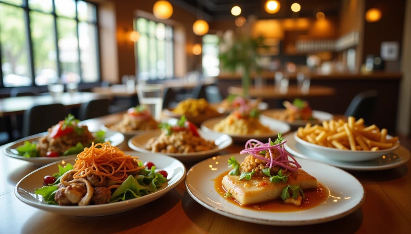 A beautifully arranged table of appetizers and entrees in a warm restaurant setting.