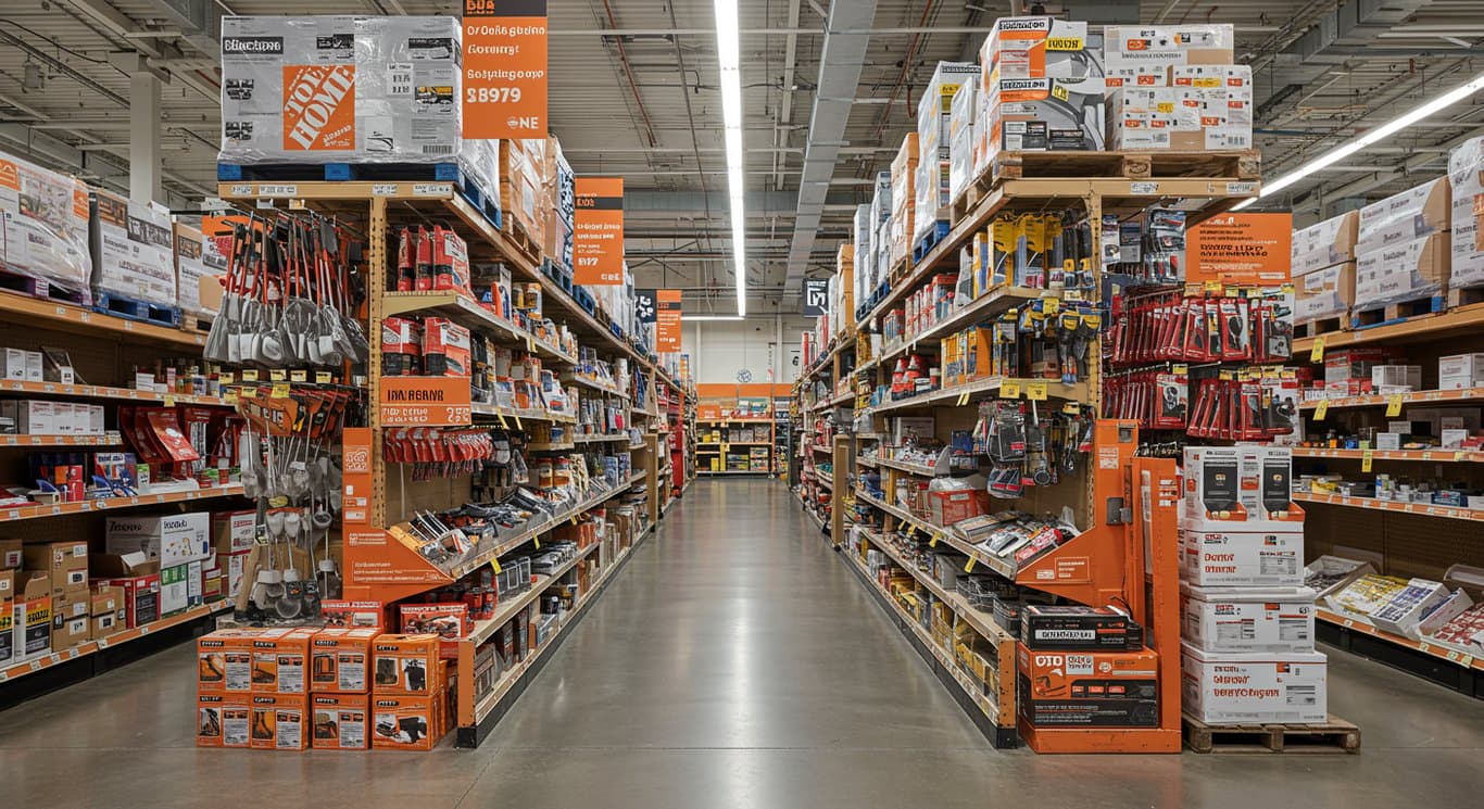 Aisle in a Home Depot store with tools and building materials.