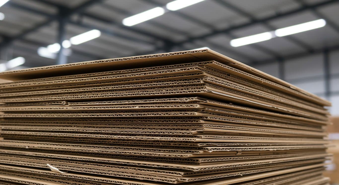 Stack of corrugated cardboard boxes in a warehouse.