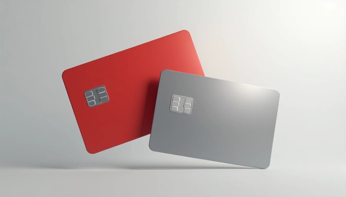 Overlapping credit cards representing the Capital One and Discover merger.