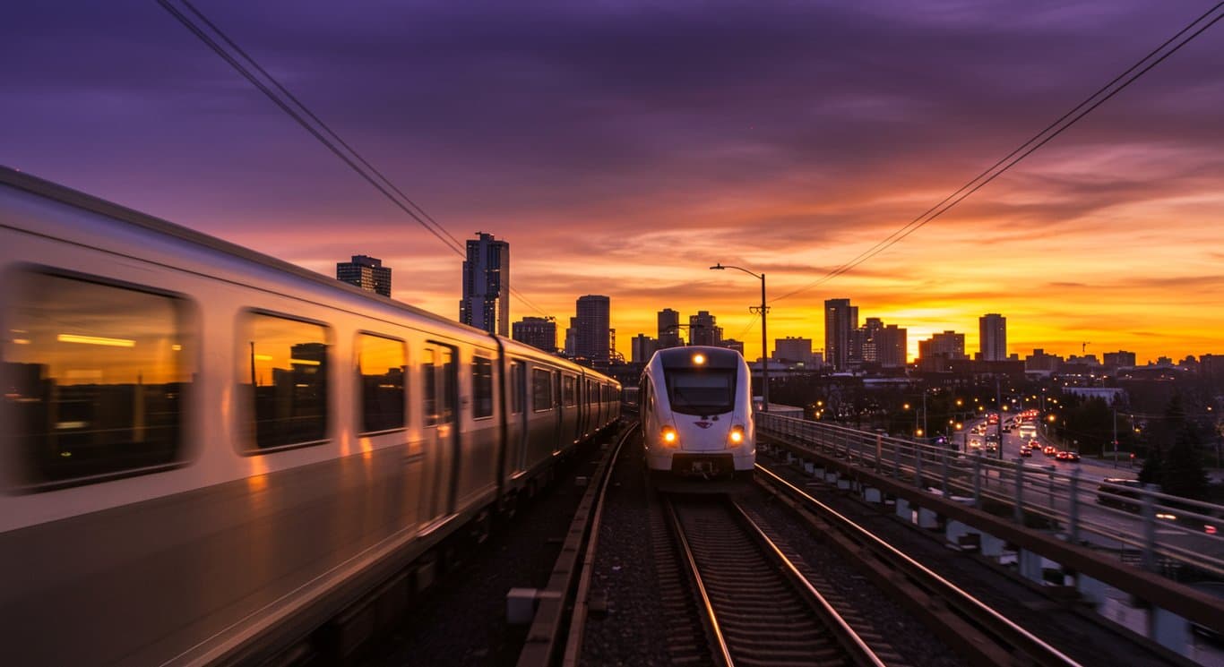 Modern passenger train speeding through a city at sunset.