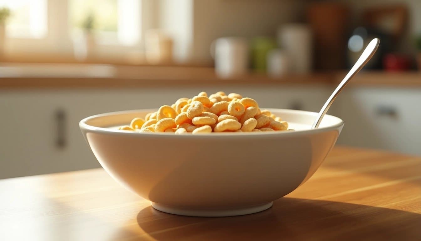 Bowl of Cheerios cereal with milk and a spoon in a bright kitchen.