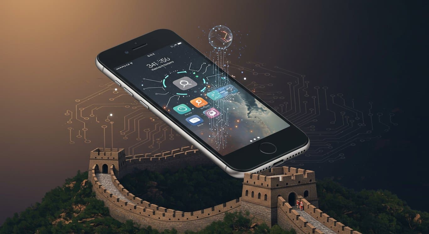 iPhone hovering over the Great Wall of China, representing Apple's AI strategy in China.