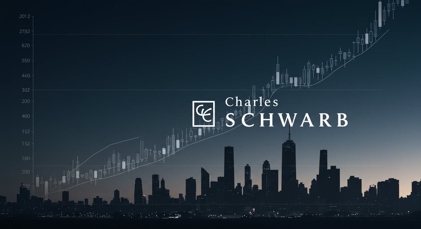 Charles Schwab logo against a financial market backdrop.