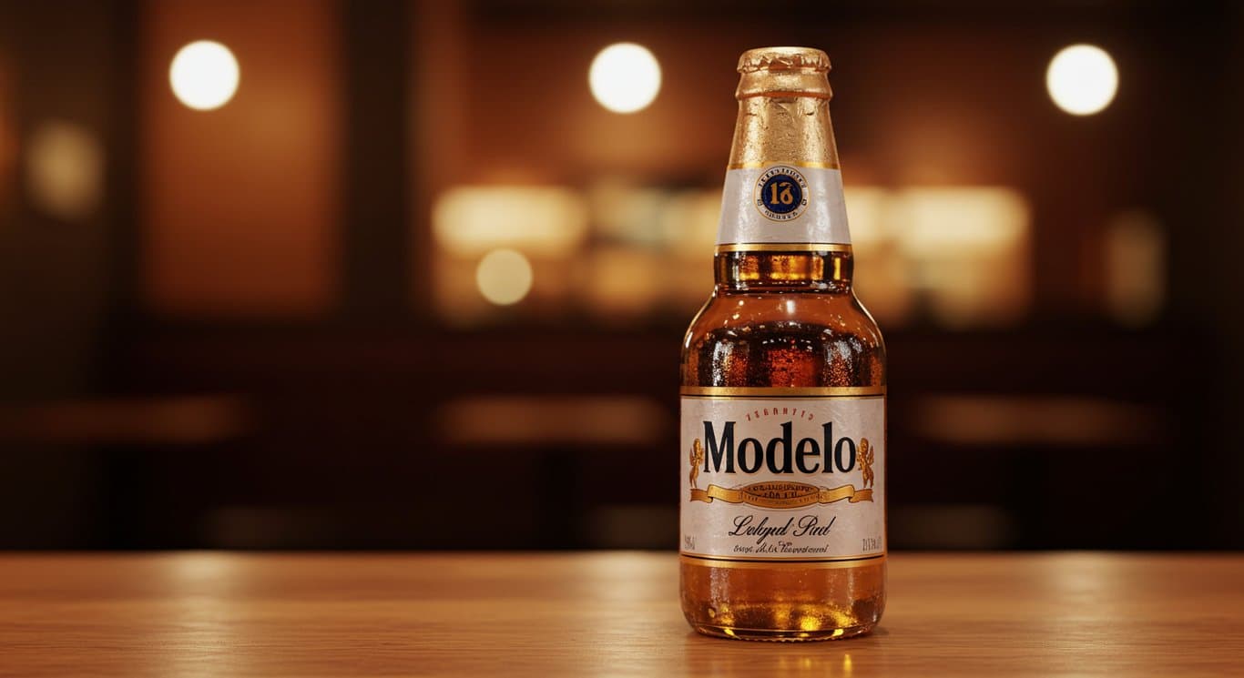 Close-up of a Modelo beer bottle in a bar setting.