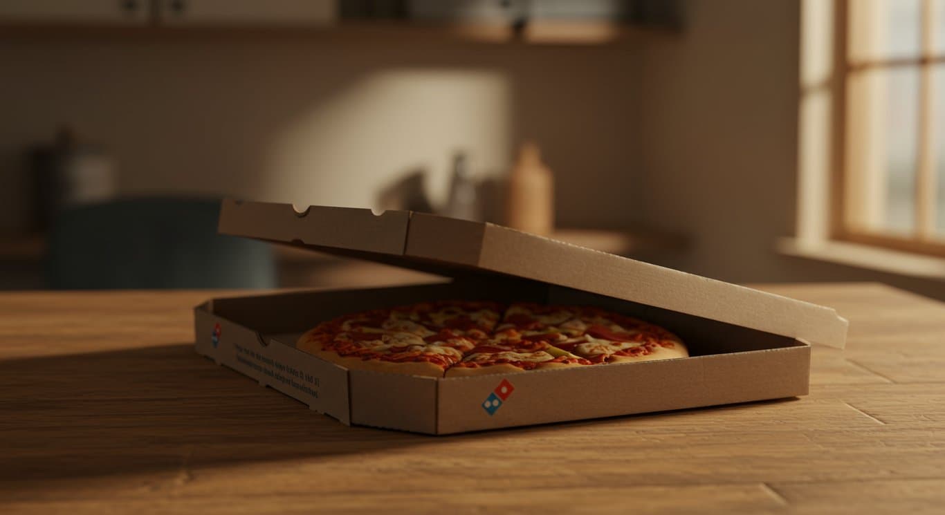 Domino's pizza box with a peek of pizza inside.