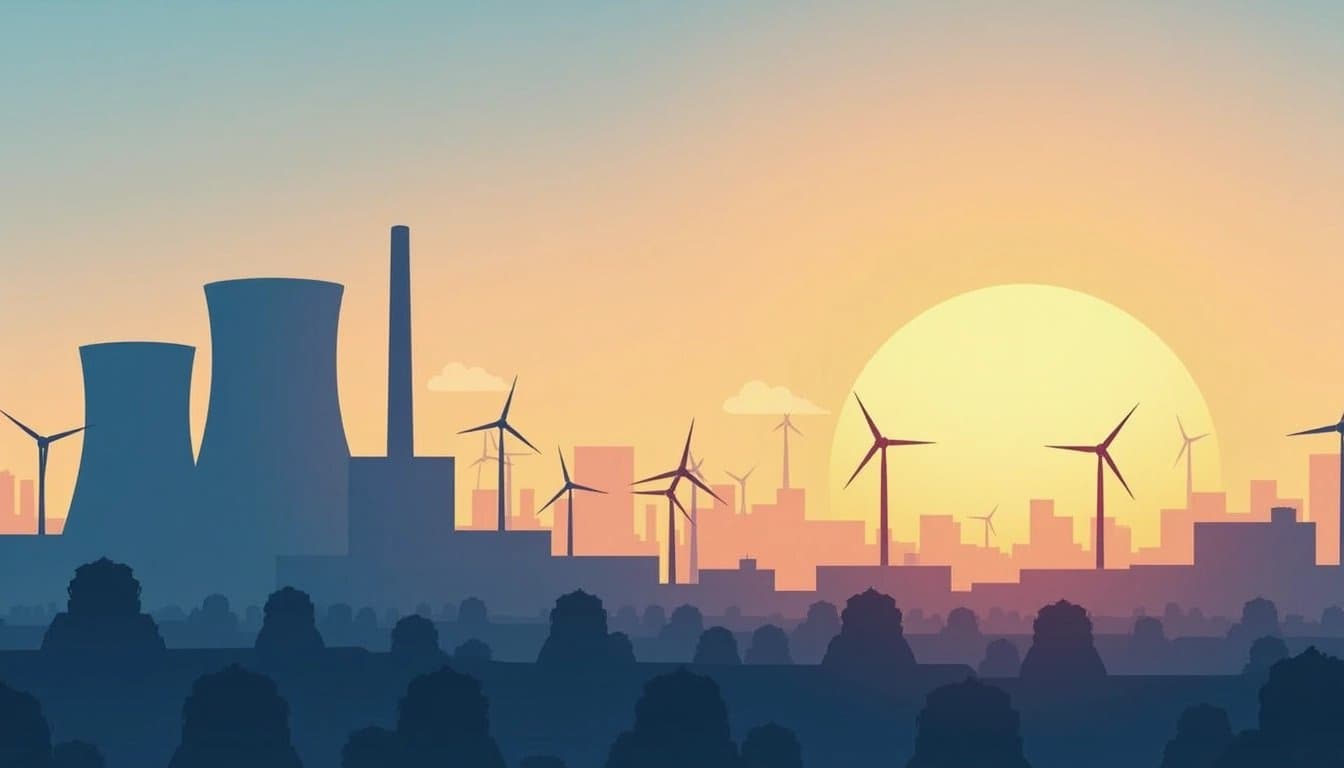 Stylized cityscape featuring a modern power plant and wind turbines, representing the energy sector.