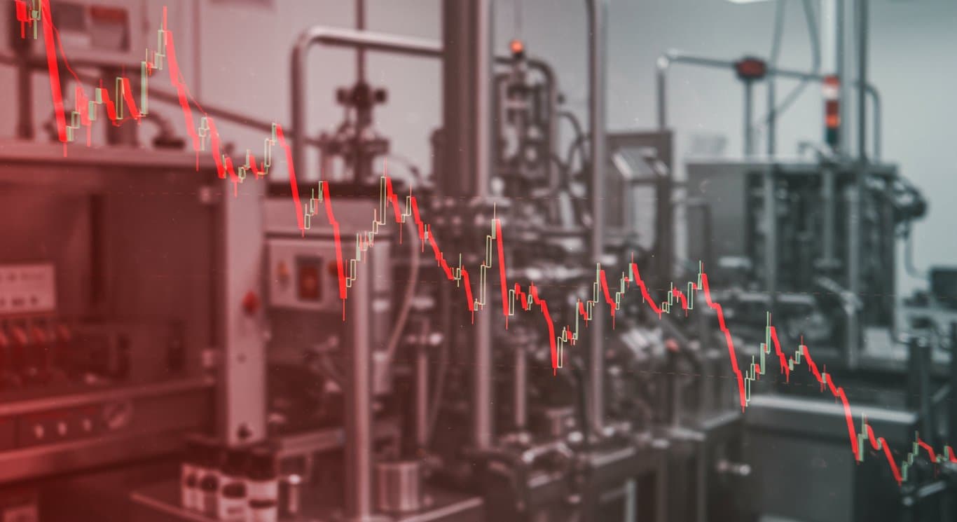 Stock chart trending downwards against a backdrop of pharmaceutical manufacturing, symbolizing financial challenges in the pharmaceutical sector.