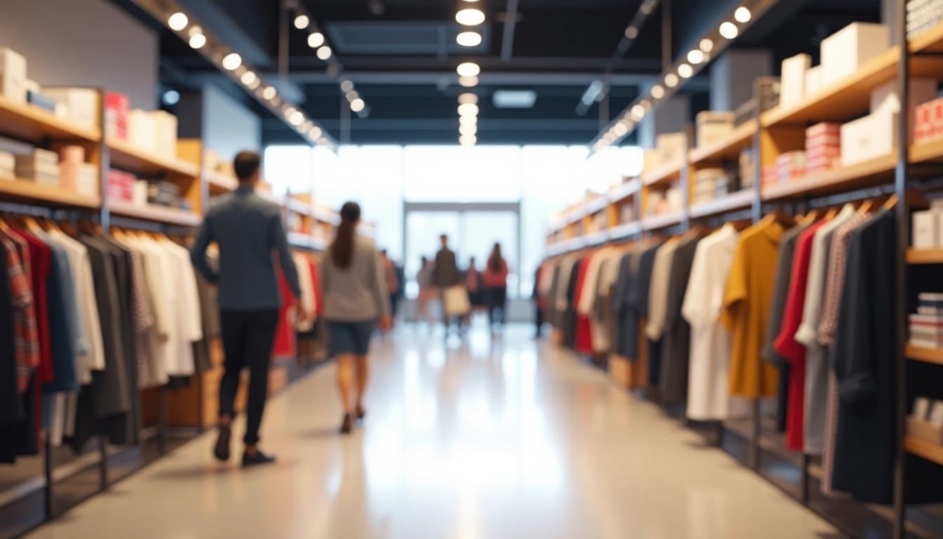 Department store aisle with shoppers browsing clothing and home goods.