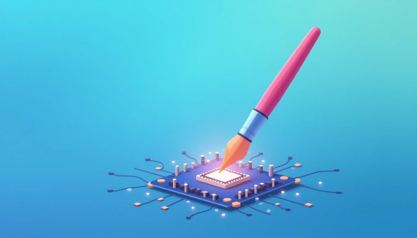 Stylized paintbrush over a circuit board, representing digital creativity and technology.