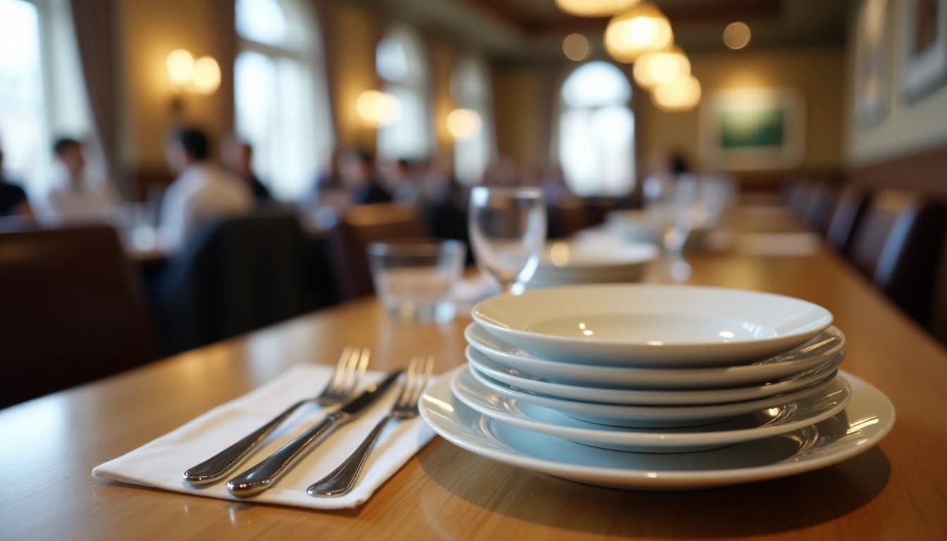 Table setting with plates and silverware, suggesting the restaurant industry.