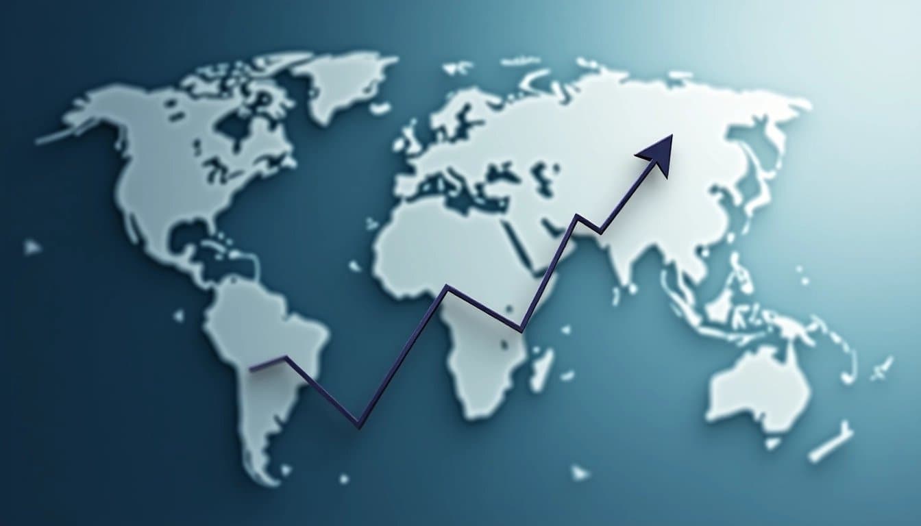 Stylized graph trending upwards on a blurred world map, representing global growth and market leadership.