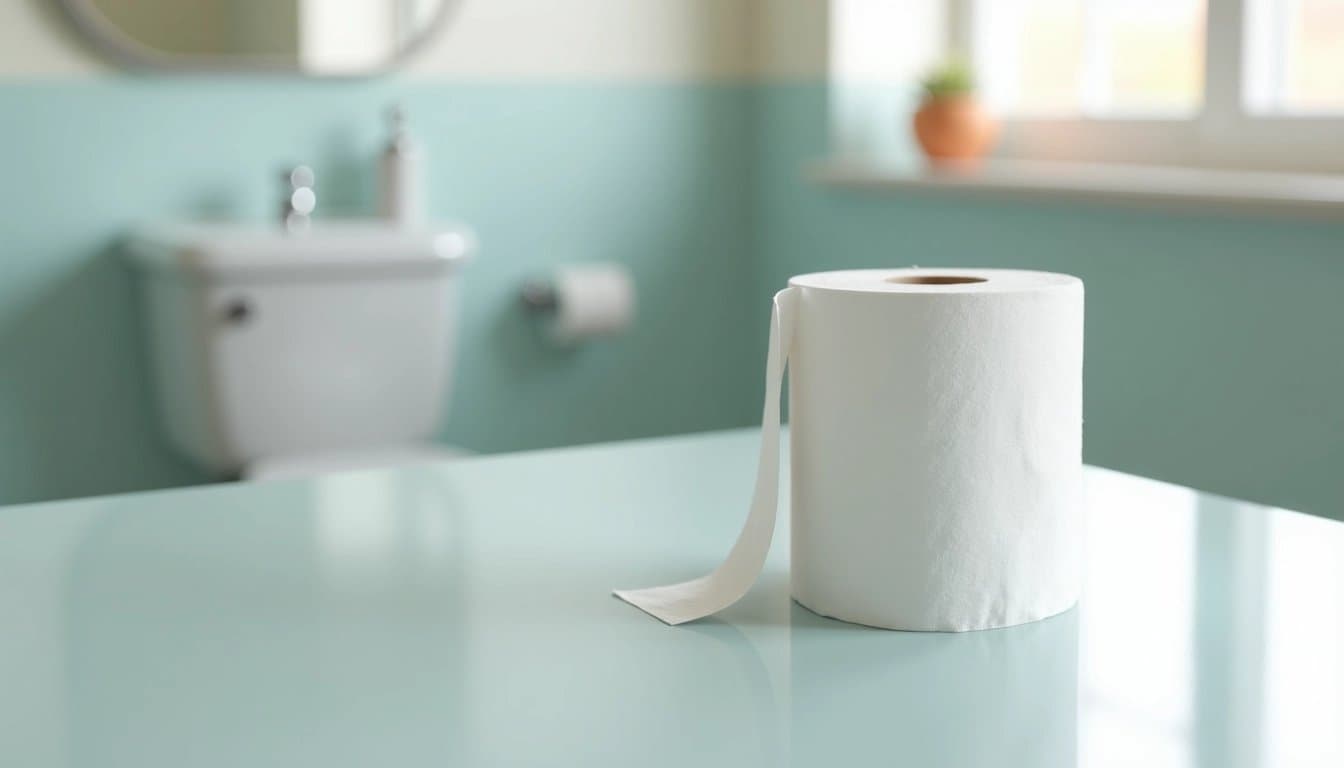 A pristine roll of toilet paper in a clean, minimalist bathroom setting.