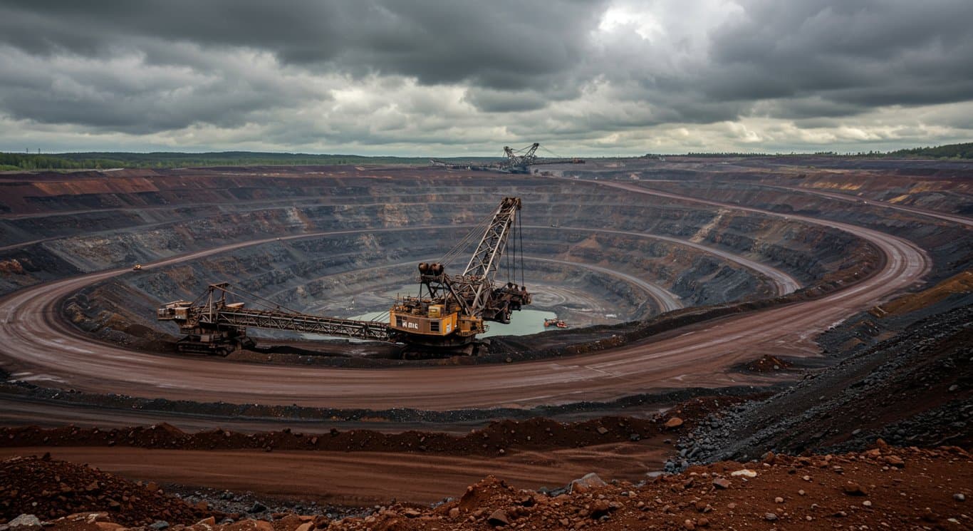 Open-pit iron ore mine with heavy machinery operating under a cloudy sky.