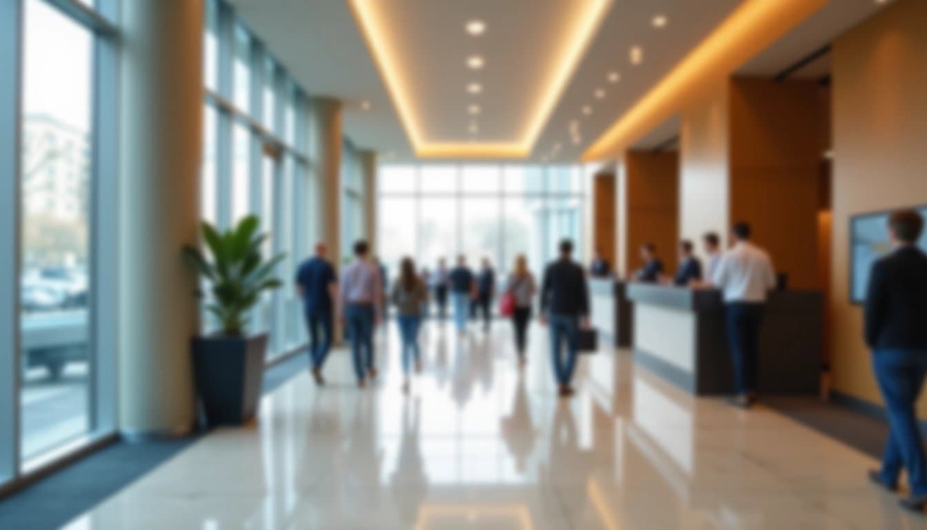 A modern hotel lobby scene showcasing subtle activity.