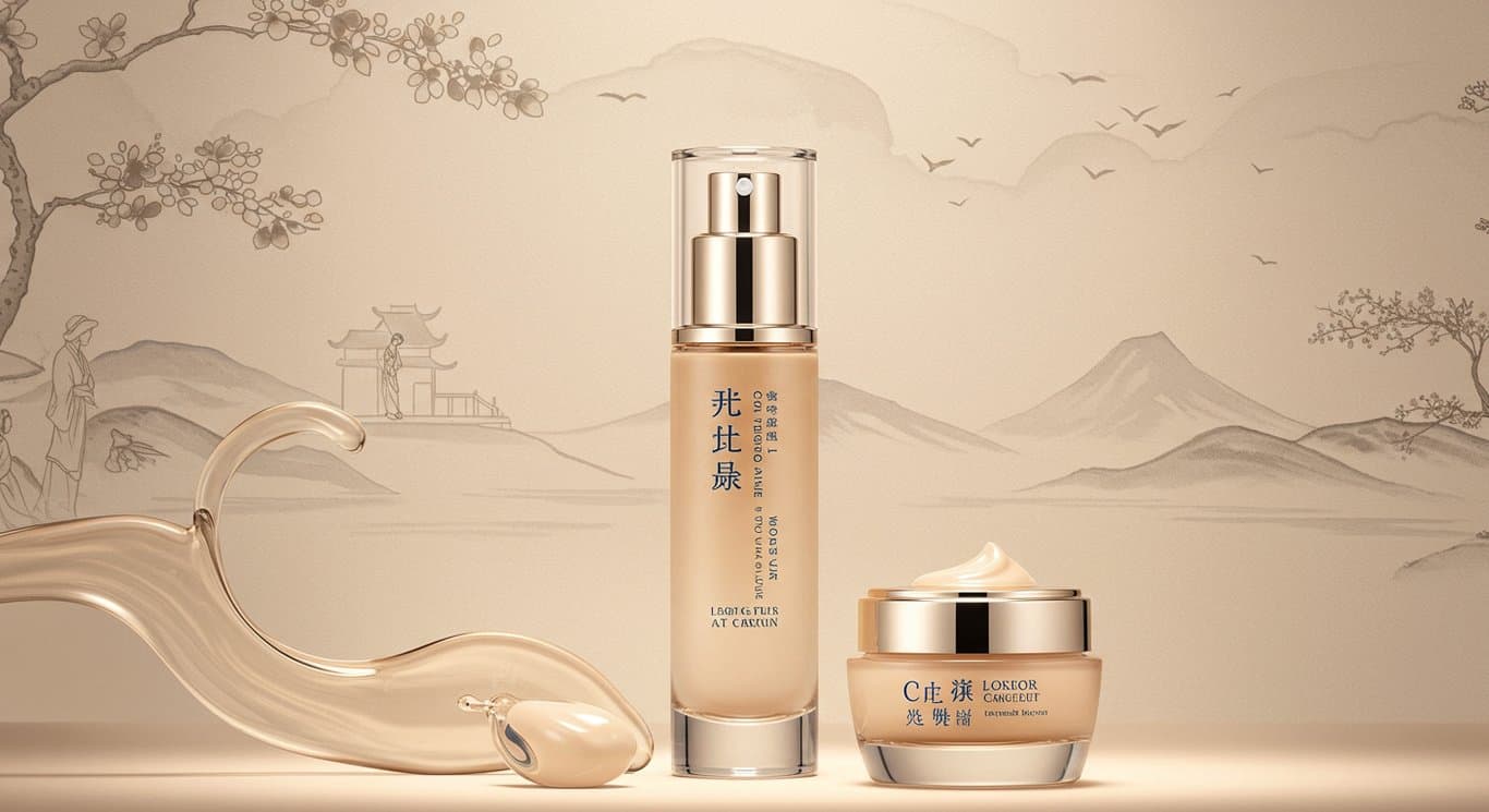 Luxury beauty product against a blended Chinese-modern background, symbolizing Estée Lauder's challenges and restructuring in the Chinese market.