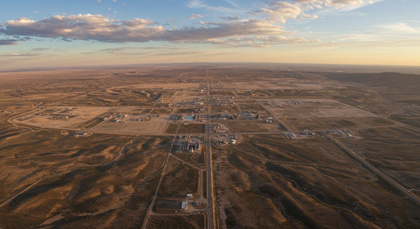 Aerial view of oil infrastructure in the Permian Basin at sunset.