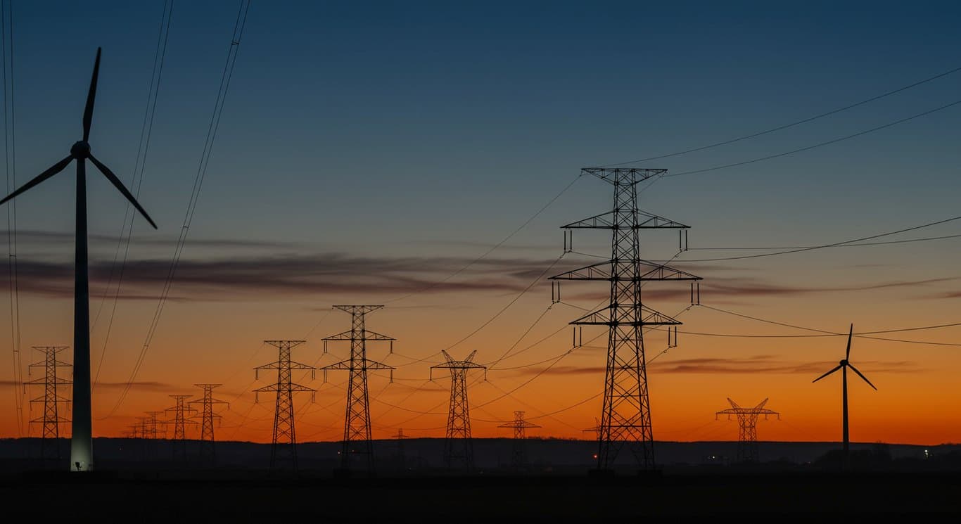 Power grid at twilight with wind turbine.