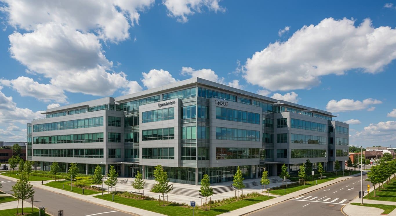 Exterior view of a modern office building on a sunny day.