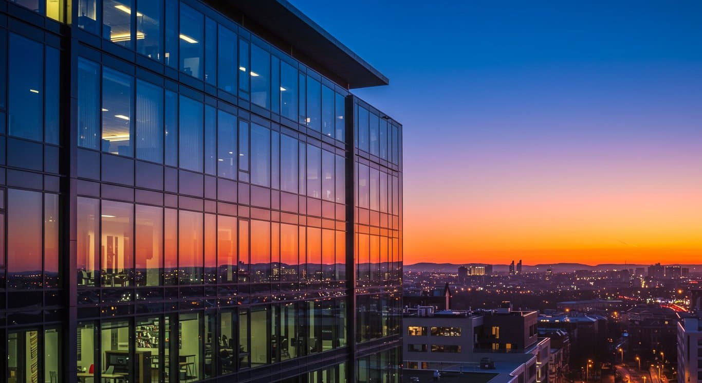 Digital cityscape reflecting on a modern office building at sunset, symbolizing EPAM's digital transformation leadership.