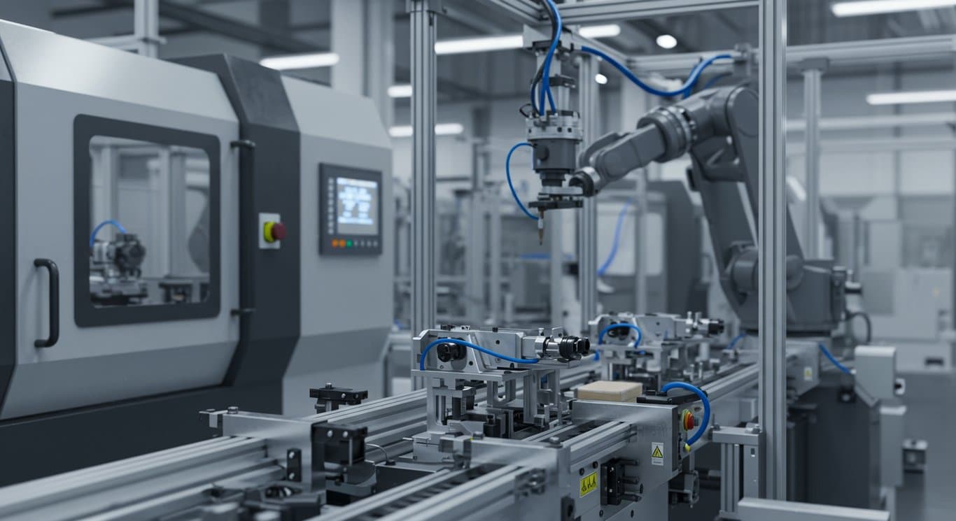 Close-up of a modern, automated manufacturing production line.