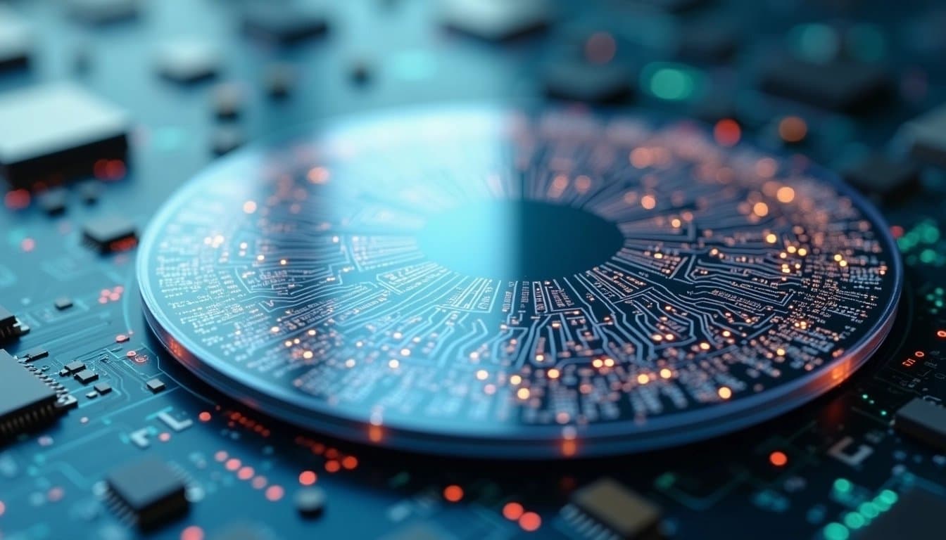 Silicon wafer with intricate circuit patterns, reflecting light in a cleanroom environment.